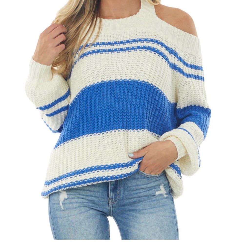 colbolt stripped cold shoulder keyhole sweater